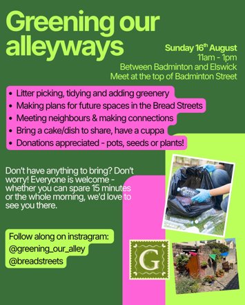 Flyer for Greening our alleyways in the Bread Streets, L8 on Sunday 16th August 2026