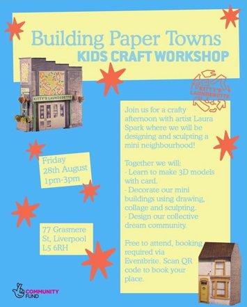 Flyer for Building Paper Towns Kids craft workshop on Friday 28th August 2026