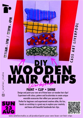 Flyer for DIY Wooden Hair Clips Workshop on Sunday 23rd August 2026