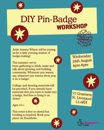 Flyer for DIY Pin Badge Workshop on Wednesday 26th August 2026