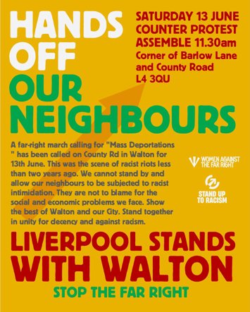 Flyer for Stop the far right - counter protest at County Road, Walton on Saturday 13th June 2026