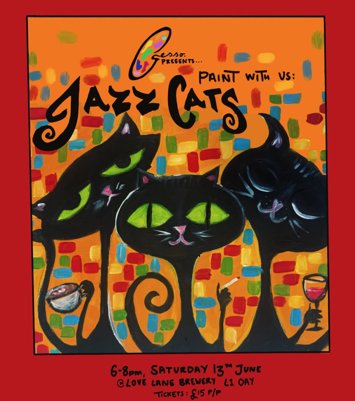 Flyer for Paint with Us: Jazz Cats! on Saturday 13th June 2026