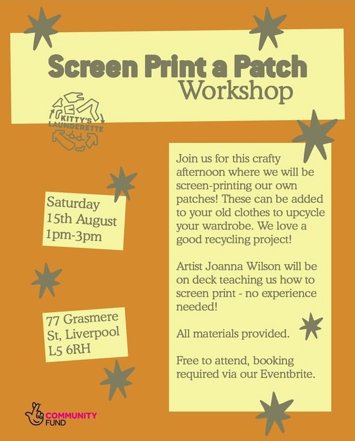 Flyer for Screen Print a Patch Workshop on Saturday 15th August 2026