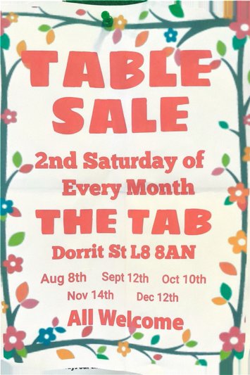 Flyer for Table Sale at Toxteth Tabernacle on 5 dates