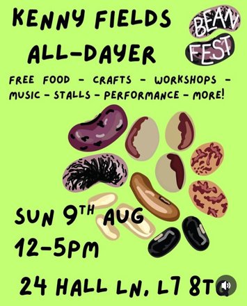 Flyer for Bean fest Kenny fields all-dayer on Sunday 9th August 2026