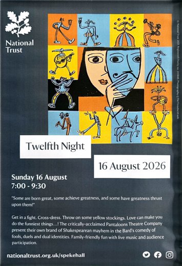 Flyer for Outdoor Theatre - Twelfth Night on Sunday 16th August 2026
