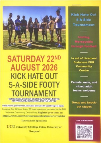 Flyer for Kick Hate Out 5-A-Side Football Tournament on Saturday 22nd August 2026