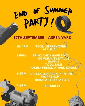 Flyer for End of summer party at Liverpool Tool Library on Saturday 12th September 2026